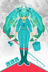 Rule 34 | 1girl, aqua bodysuit, aqua hair, belt, black footwear, boots, bucket, earrings, fish, fishing rod, halftone, hatsune miku, highres, jewelry, looking at viewer, outline, sleppu, smile, solo, surreal, twintails, vocaloid, white outline, yellow eyes