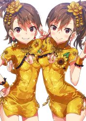 Rule 34 | 10s, 2girls, bad id, bad pixiv id, breasts, brown eyes, brown hair, china dress, chinese clothes, dress, earrings, flower, futami ami, futami mami, grin, hair flower, hair ornament, hand on own hip, highres, idolmaster, idolmaster (classic), idolmaster million live!, jewelry, multiple girls, narumi arata, siblings, side ponytail, sisters, small breasts, smile, twins, v, white background, wristband