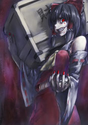 Rule 34 | 1girl, blood, blood on face, box, crazy eyes, detached sleeves, donation box, evil grin, evil smile, fangs, female focus, grin, hair over one eye, hakurei reimu, kath, nail polish, onimiko, red eyes, red nails, smile, solo, teeth, touhou, you gonna get raped