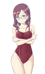 Rule 34 | 1girl, aimobake, breasts, brown hair, cleavage, closed mouth, commentary, covered navel, cowboy shot, crossed arms, glasses, grey-framed eyewear, grey eyes, head tilt, highres, idolmaster, idolmaster cinderella girls, light frown, long hair, looking at viewer, medium breasts, one-piece swimsuit, red one-piece swimsuit, simple background, solo, standing, swept bangs, swimsuit, thigh gap, thighs, white background, yagami makino
