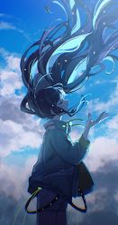 Rule 34 | 1girl, blue coat, blue hair, blue sky, blue theme, blunt bangs, chromatic aberration, closed eyes, cloud, cloudy sky, coat, floating hair, hand up, highres, kika, light particles, long hair, long sleeves, open hand, open mouth, project sekai, shiraishi an, sidelocks, sky, solo, sparkle, standing, vivid bad squad (project sekai), zipper, zipper pull tab