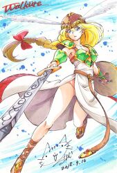Rule 34 | 1girl, 2018, angry, armor, blonde hair, blue eyes, character name, green armor, helmet, lunamoon, ribbon, shield, shoes, solo, sword, valkyrie (vnd), valkyrie no densetsu, weapon, wings