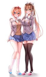 Rule 34 | 2girls, absurdres, blazer, blue eyes, blue skirt, blush, bow, breasts, brown hair, brown thighhighs, brown vest, buttons, closed mouth, collared jacket, collared shirt, commentary, commission, doki doki literature club, english commentary, full body, green eyes, grey jacket, hair between eyes, hair bow, hand around waist, hand on another&#039;s shoulder, hand up, highres, jacket, large breasts, lips, long hair, long sleeves, looking at viewer, machulanko, miniskirt, monika (doki doki literature club), multiple girls, open clothes, open jacket, orange hair, pleated skirt, ponytail, red bow, sayori (doki doki literature club), school uniform, shadow, shirt, shoes, short hair, sidelocks, simple background, skirt, smile, socks, teeth, thighhighs, vest, white background, white bow, white footwear, white shirt, white socks