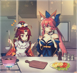 Rule 34 | 2girls, :o, animal ear fluff, animal ears, apron, arimura marron, bare shoulders, benienma (fate), blue bow, blue kimono, blush, bow, breasts, carrot, cleavage, commentary, commission, cooking, cutting board, detached collar, detached sleeves, english commentary, fate/extra, fate/grand order, fate (series), film grain, fire, food, fox ears, fox girl, fur trim, hair between eyes, hair bow, hat, highres, holding, holding food, holding ladle, japanese clothes, kimono, kitchen, kitchen knife, ladle, large breasts, long hair, long sleeves, looking at another, multiple girls, notice lines, obi, pelvic curtain, pink hair, pointing, pot, potato, red eyes, red hair, sash, sidelocks, split ponytail, stove, tamamo (fate), tamamo no mae (fate/extra), vegetable, wide sleeves, yellow eyes