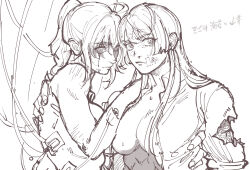 Rule 34 | 2girls, ahoge, arm around back, bandaid, bandaid on face, blood, blood on face, body writing, breasts, bruise, bruise on face, closed mouth, female protagonist (live a hero), hand on another&#039;s shoulder, high ponytail, highres, injury, intravenous drip, kizami nori to yamaimo, live a hero, long hair, looking at viewer, looking to the side, medium breasts, multiple girls, nude, open clothes, open shirt, protagonist 2 (housamo), sidelocks, signature, simple background, tally, thick eyebrows, tokyo houkago summoners, torn clothes, white background