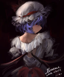 Rule 34 | 1girl, absurdres, bat wings, black background, blue hair, closed mouth, commentary request, dated, from behind, hat, hat ribbon, highres, looking at viewer, looking back, red eyes, red ribbon, remilia scarlet, ribbon, short hair, signature, simple background, smile, solo, top-exerou, touhou, upper body, white hat, wings