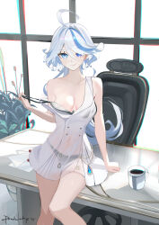 Rule 34 | 1girl, blue eyes, blue hair, chair, coffee mug, cup, da (datako), dress, furina (genshin impact), genshin impact, highres, letter, lingerie, looking at viewer, mug, office chair, plant, potted plant, pulling, see-through, see-through dress, signature, sitting, sitting on table, smile, solo, swivel chair, table, underwear, undressing, water drop, window