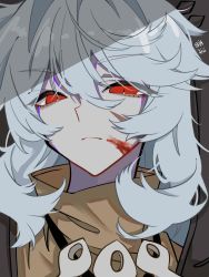 Rule 34 | 1boy, bishounen, blood, bone necklace, chinese text, closed mouth, genshin impact, grey hair, highres, jewelry, long hair, male focus, necklace, razor (genshin impact), red eyes, scar, scar on face, simple background, slit pupils, solo, upper body, user rcmr8424