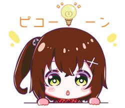 Rule 34 | 1girl, :o, blush, bright pupils, brown hair, chibi, denonbu, green eyes, hair ornament, hidaka reina (denonbu), light bulb, looking at viewer, lowres, nonkomu (furiten5553), official art, open mouth, outline, portrait, side ponytail, solo, straight-on, translated, transparent background, upper body, white outline, white pupils, x hair ornament