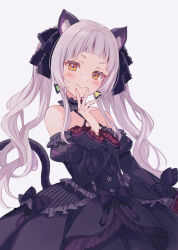 Rule 34 | 1girl, animal ears, blunt bangs, cat ears, cat tail, dress, frilled dress, frilled ribbon, frills, fukahire (ruinon), grey hair, hair ribbon, hand on own face, hololive, looking at viewer, murasaki shion, murasaki shion (gothic lolita), ribbon, simple background, smile, solo, tail, twintails, virtual youtuber, white background, yellow eyes
