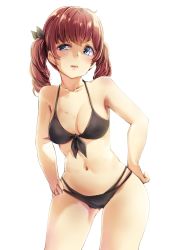 Rule 34 | 1girl, bikini, black bikini, blue eyes, brown hair, cowboy shot, drill hair, front-tie top, funyariko, hands on own hips, highres, leaning forward, long hair, navel, original, simple background, solo, swimsuit, twin drills, twintails, white background