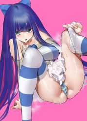 absurdres, bangs, bare shoulders, blue hair, blunt bangs, blush, bow, breath, erect nipples, fingernails, green eyes, hair bow, highres, jikatarou, long hair, multicolored, multicolored hair, open mouth, panties, panty &amp; stocking with garterbelt, pink background, pink hair, shiny, shiny skin, simple background, sitting, spread legs, steam, steaming body, stocking (psg), striped, striped legwear, striped panties, sweat, thighhighs, tongue, underwear
