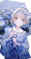 Rule 34 | 1girl, :&gt;, absurdres, blonde hair, blue dress, blue flower, blue hair, blue nails, blush, collar, colored inner hair, commentary request, dress, flower, hair flower, hair ornament, hairband, highres, hitoba, holding, holding umbrella, long sleeves, looking at viewer, multicolored hair, nail polish, nemophila (flower), original, short hair, solo, striped clothes, striped dress, umbrella, upper body, vertical-striped clothes, vertical-striped dress, white collar, yellow eyes