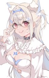 Rule 34 | 1girl, animal ear fluff, animal ears, bandaid, bandaid hair ornament, black-framed eyewear, black collar, blonde hair, blue hair, blush, breasts, cleavage, collar, dog ears, dog girl, dress, fuwawa abyssgard, fuwawa abyssgard (1st costume), glasses, hair ornament, hairpin, highres, hololive, hololive english, large breasts, looking at viewer, multicolored hair, pink eyes, ria (ria 0z), smile, solo, spiked collar, spikes, streaked hair, two side up, virtual youtuber, white dress