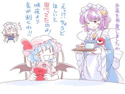 Rule 34 | ^^^, alternate costume, apron, bat wings, blue hair, bow, cake, commentary request, cup, enmaided, food, green bow, hair bow, handheld game console, hat, hat ribbon, heart, itatatata, izayoi sakuya, komeiji satori, long sleeves, maid, maid headdress, mob cap, nintendo 3ds, open mouth, purple hair, red ribbon, remilia scarlet, ribbon, simple background, smile, teacup, third eye, touhou, translation request, tray, waist apron, white background, wide sleeves, wings, | |