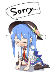 Rule 34 | 1girl, arm support, black headwear, black thighhighs, blue hair, blue skirt, blush, chibi, closed eyes, flying teardrops, food, fruit, highres, hinanawi tenshi, leaf, long hair, miniskirt, neropaso, no shoes, open mouth, peach, petticoat, red neckwear, shadow, shirt, short sleeves, simple background, sitting, skirt, solo, sorry, speech bubble, tears, thighhighs, touhou, wariza, white background, white shirt, zettai ryouiki