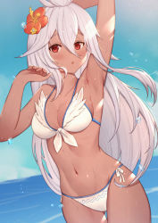 Rule 34 | 1girl, :o, arm up, armpits, bare arms, bare shoulders, bikini, blue sky, blush, breasts, cleavage, collarbone, commentary request, dark-skinned female, dark skin, day, flower, granblue fantasy, groin, hair between eyes, hair flower, hair ornament, hand up, highres, horizon, long hair, medium breasts, navel, ocean, open mouth, outdoors, parted lips, red eyes, red flower, resolution mismatch, revision, sky, solo, source larger, swimsuit, thigh gap, uneg, very long hair, water, water drop, wet, white bikini, white hair, zooey (granblue fantasy), zooey (summer) (granblue fantasy)