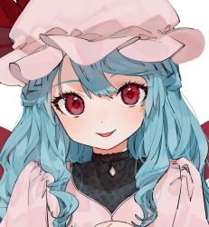Rule 34 | 1girl, :p, alternate hair length, alternate hairstyle, blue hair, blush, bow, commentary request, dress, fang, gotou (nekocat), hat, hat bow, juliet sleeves, long hair, long sleeves, looking at viewer, mob cap, pink dress, pink hat, puffy sleeves, red bow, red eyes, remilia scarlet, simple background, smile, solo, tongue, tongue out, touhou, upper body, white background