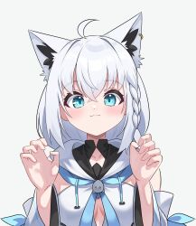 Rule 34 | 1girl, :3, ahoge, animal ear fluff, animal ears, blue eyes, blue neckerchief, blush, braid, breasts, claw pose, commentary, detached sleeves, earrings, extra ears, fox ears, fox girl, front slit, hair between eyes, hands up, highres, hololive, hood, hoodie, jewelry, kumarang, long hair, long sleeves, looking at viewer, neckerchief, shirakami fubuki, shirakami fubuki (1st costume), side braid, sidelocks, simple background, single earring, small breasts, solo, straight-on, upper body, virtual youtuber, white background, white hair, white hoodie, white sleeves, wide sleeves