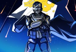 Rule 34 | absurdres, armor, cowboy shot, crossed arms, facing viewer, flag, flagpole, full armor, gunbuster pose, heartbreak juan, helldiver (helldivers), helldivers (series), helmet, highres, parody, pointing, pointing up, sky, soldier, sparkle, standing, star (sky), starry sky, visor (armor)