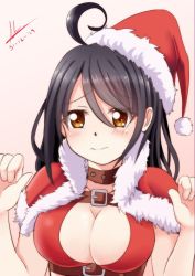 Rule 34 | 10s, 1girl, ahoge, black hair, blush, breasts, center opening, cleavage, female focus, hat, highres, kantai collection, large breasts, long hair, looking at viewer, santa hat, solo, ushio (kancolle), yasume yukito, yellow eyes