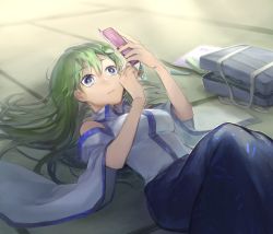 Rule 34 | 1girl, bag, bare shoulders, blue eyes, blue skirt, breasts, cellphone, closed mouth, detached sleeves, expressionless, eye reflection, feet out of frame, flip phone, green hair, highres, holding, holding phone, indoors, knees up, kochiya sanae, looking at phone, lying, medium breasts, notebook, on back, pen, phone, reflection, school bag, shidaccc, shirt, skirt, solo, tatami, touhou, white shirt, wide sleeves