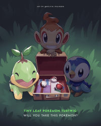 Rule 34 | blue eyes, briefcase, chimchar, commentary, creatures (company), english commentary, english text, closed eyes, game freak, gen 4 pokemon, grass, grin, highres, kelvin-trainerk, nintendo, no humans, open mouth, own hands together, piplup, poke ball, poke ball (basic), pokemon, pokemon (creature), smile, standing, starter pokemon trio, teeth, tongue, turtwig, twitter username