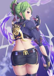 Rule 34 | 1girl, armor, artist request, ass, breasts, butt crack, fingerless gloves, from behind, genshin impact, gloves, green hair, hair ornament, highres, kuki shinobu, long hair, looking at viewer, looking back, mask, unworn mask, medium breasts, ninja, open mouth, ponytail, purple eyes, rope, shimenawa, shiny clothes, shiny skin, short shorts, shorts, sideboob, solo, sword, thick thighs, thighhighs, thighs, weapon