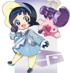 Rule 34 | 2girls, :d, arched bangs, black gloves, black hair, blue eyes, blush stickers, bright pupils, commentary request, creatures (company), dress, eyelashes, game freak, gloves, hand up, happy, highres, holding, holding tera orb, holding weapon, jacket, multiple girls, nintendo, open clothes, open jacket, open mouth, orange (orangelv20), pantyhose, pokemon, pokemon (creature), pokemon sv, poppy (pokemon), shoes, short hair, smile, tera orb, tinkaton, tongue, weapon, yellow pantyhose