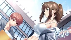 Rule 34 | 1boy, 1girl, ahoge, angel beats!, armpit crease, blurry, blurry background, breasts, brown hair, building, cigarette, cleavage, closed mouth, collarbone, commentary, commission, cropped shirt, english commentary, expressionless, eyelashes, grey eyes, grey jacket, hair between eyes, hisako (angel beats!), hood, hood down, hooded jacket, jacket, large breasts, long hair, looking down, mixed-language commentary, navel, nose, off shoulder, open clothes, open jacket, otonashi yuzuru, outdoors, paid reward available, ponytail, profile, red eyes, second-party source, shirt, short hair, sidelocks, signature, skeb commission, smoking, white shirt, zen (kamuro)