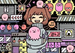 Rule 34 | 1girl, brown hair, building, closed eyes, floral print, garouma, grey flower, grey sweater, lantern, leaf, long sleeves, medium hair, octopus, open mouth, original, plant, potted plant, print sweater, sign, smile, solo, surreal, sweater, turtleneck, twintails