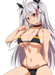 Rule 34 | 1girl, :q, azur lane, bikini, black bikini, blush, breasts, choker, closed mouth, flag print, german flag bikini, groin, hair ribbon, large breasts, long hair, looking at viewer, multicolored hair, navel, prinz eugen (azur lane), prinz eugen (unfading smile) (azur lane), ra-pen, red eyes, red hair, ribbon, silver hair, simple background, solo, stomach, streaked hair, swimsuit, tongue, tongue out, two side up, very long hair, white background
