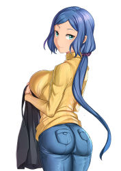 Rule 34 | 1girl, aori sora, apron, unworn apron, aqua eyes, ass, black apron, blue hair, breasts, closed mouth, denim, from behind, gundam, gundam build fighters, highres, iori rinko, jeans, large breasts, long hair, looking at viewer, looking back, mature female, pants, ponytail, ribbed sweater, simple background, smile, solo, sweater, turtleneck, turtleneck sweater, white background, yellow sweater