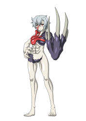 Rule 34 | 1girl, abs, barefoot, breasts, buti-yu, claws, frown, full body, genderswap, genderswap (mtf), hand on own hip, highres, large hands, medium breasts, monster girl, red eyes, resident evil, short hair, silver hair, solo, tyrant
