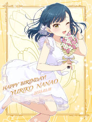 Rule 34 | 1girl, 2023, absurdres, blue hair, blush, bouquet, bow, bracelet, braid, character name, collarbone, dot nose, dress, earrings, flower, hair ornament, happy birthday, highres, holding, holding bouquet, idolmaster, idolmaster million live!, idolmaster million live! theater days, jewelry, looking at viewer, nanao yuriko, one eye closed, open mouth, pink flower, ribbon, see-through, see-through sleeves, shiro (ongrokm), short hair, smile, solo, white dress, white flower, white footwear, yellow eyes