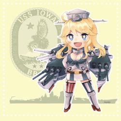 Rule 34 | 1girl, american flag, american flag legwear, asymmetrical legwear, badge, blonde hair, blue eyes, breasts, chatte rose, commentary, elbow gloves, english commentary, fingerless gloves, flag print, front-tie top, garter straps, gloves, headgear, highres, iowa (kancolle), kantai collection, large breasts, military, military vehicle, miniskirt, mismatched legwear, ship, skirt, solo, star-shaped pupils, star (symbol), striped clothes, striped thighhighs, symbol-shaped pupils, thighhighs, uss iowa (bb-61), vertical-striped clothes, vertical-striped thighhighs, warship, watercraft, yellow background