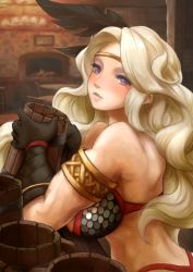 Rule 34 | 1girl, amazon (dragon&#039;s crown), armlet, breasts, circlet, curly hair, dragon&#039;s crown, feathers, female focus, gloves, highres, ironlily, large breasts, light smile, lips, long hair, muscular, parted lips, purple eyes, solo, toned, vanillaware
