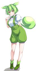 Rule 34 | 1girl, absurdres, arm behind back, blush, breasts, closed mouth, commentary request, full body, green footwear, green hair, green shorts, green suspenders, highres, leaning to the side, long hair, looking at viewer, medium bangs, medium breasts, personification, puffy shorts, shirt, shirt tucked in, short sleeves, shorts, simple background, smile, solo, suspender shorts, suspenders, syatiten, voicevox, white background, white shirt, yellow eyes, zundamon