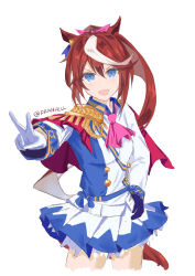 Rule 34 | 1girl, :d, absurdres, animal ears, ascot, asymmetrical gloves, blue eyes, blue gloves, breasts, brown hair, cape, commentary request, cropped legs, epaulettes, franhill, gloves, hair between eyes, hair ribbon, hand on own hip, highres, horse ears, horse girl, horse tail, jacket, looking at viewer, mismatched gloves, multicolored hair, open mouth, outstretched arm, pink ascot, pink ribbon, pleated skirt, ponytail, red cape, ribbon, simple background, skirt, small breasts, smile, solo, standing, streaked hair, tail, tokai teio (umamusume), twitter username, umamusume, v, v-shaped eyebrows, white background, white gloves, white hair, white jacket, white skirt
