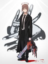 Rule 34 | 1girl, 3yen 1day, absurdres, black jacket, black necktie, black pants, blood, blood splatter, braid, braided ponytail, breasts, brown hair, chainsaw man, collared shirt, denji (chainsaw man), formal, full body, halo, highres, jacket, long sleeves, makima (chainsaw man), medium breasts, medium hair, necktie, neckwear request, pants, ringed eyes, shirt, shirt tucked in, simple background, solo, suit, white background, white shirt, yellow eyes