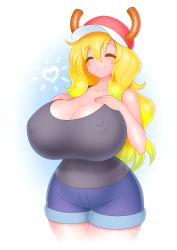 Rule 34 | 1girl, absurdres, akiranime, black shirt, blonde hair, blush, breasts, cleavage, collarbone, covered erect nipples, closed eyes, hat, heart, highres, horns, huge breasts, kobayashi-san chi no maidragon, long hair, looking at viewer, lucoa (maidragon), shirt, short shorts, shorts, simple background, sleeveless, smile, solo, tank top, thick thighs, thighs, white background