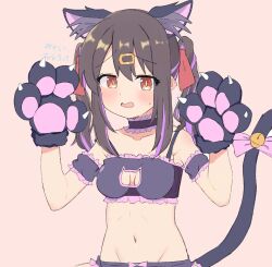 Rule 34 | 1girl, animal ears, animal hands, bare shoulders, bell, black bra, black choker, black hair, blush, bra, breasts, brown eyes, cat cutout, cat ears, cat lingerie, cat tail, choker, clothing cutout, collarbone, commentary, cosplay, eyes visible through hair, frilled bra, frilled choker, frills, gloves, groin, hair between eyes, hair ornament, hair ribbon, hairclip, hana houshou, hands up, highres, long hair, looking at viewer, medium breasts, meme attire, midriff, multicolored hair, navel, onii-chan wa oshimai!, open mouth, oyama mahiro, oyama mahiro (cosplay), oyama mihari, paw gloves, pink background, purple hair, red ribbon, ribbon, simple background, solo, strap slip, tail, tail bell, tail ornament, twintails, two-tone hair, underwear, upper body, wavy mouth
