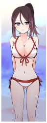 Rule 34 | 10s, 1girl, absurdres, alternate hairstyle, arms behind back, beach, bikini, black hair, blue eyes, blurry, blurry background, blush, breasts, chawan (yultutari), cleavage, closed mouth, collarbone, commentary request, day, emblem, front-tie bikini top, front-tie top, girls und panzer, gluteal fold, hair up, highres, large breasts, looking at viewer, medium hair, navel, nonna (girls und panzer), ocean, outdoors, side ponytail, smile, solo, swept bangs, swimsuit, thighs, wet, white bikini