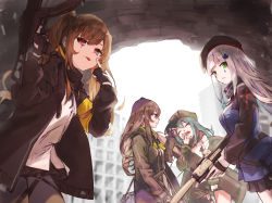 Rule 34 | 404 (girls&#039; frontline), 4girls, :p, absurdres, armband, assault rifle, beret, black bow, black hat, black jacket, black legwear, black ribbon, black shorts, blunt bangs, bow, brown eyes, brown hair, bullpup, caseless firearm, closed eyes, closed mouth, clothing cutout, commentary request, crossed bangs, facial mark, finger on trigger, fingerless gloves, g11 (girls&#039; frontline), girls&#039; frontline, gloves, green eyes, green hat, green jacket, gun, h&amp;k g11, h&amp;k hk416, h&amp;k ump, hair ornament, hairclip, hand up, hat, heckler &amp; koch, highres, hk416 (girls&#039; frontline), holding, holding gun, holding weapon, hood, hood down, hooded jacket, huge filesize, jacket, knee pads, koki 1009, long hair, looking at another, looking at viewer, messy hair, multiple girls, one side up, open clothes, open jacket, pantyhose, plaid, plaid skirt, red eyes, ribbon, rifle, scar, scar across eye, scar on face, scarf on head, shirt, shorts, shoulder cutout, simple background, skirt, submachine gun, teardrop, thighhighs, tongue, tongue out, ump45 (girls&#039; frontline), ump9 (girls&#039; frontline), weapon, white hair, white shirt