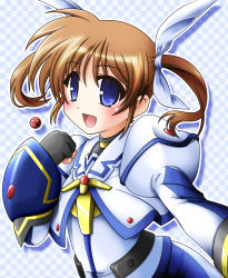 Rule 34 | 00s, 1girl, absurdres, bad id, bad pixiv id, blue eyes, bow, brown hair, checkered background, fingerless gloves, gem, gloves, hair bow, highres, jewelry, long hair, lyrical nanoha, magical girl, mahou shoujo lyrical nanoha, mahou shoujo lyrical nanoha a&#039;s, mahou shoujo lyrical nanoha strikers, open mouth, pi-bow, puffy sleeves, raising heart, raising heart (standby mode), solo, takamachi nanoha, takamachi nanoha (movie 1st mode), twintails, upper body