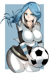 Rule 34 | 1girl, aqua eyes, bad id, bad pixiv id, ball, blue background, blue gloves, blue hair, bodysuit, breasts, collarbone, commentary request, female focus, gin moku, gloves, highres, inazuma eleven, inazuma eleven (series), large breasts, long hair, looking at viewer, multicolored clothes, multicolored gloves, multicolored hair, serious, soccer ball, solo, standing, thighs, two-tone hair, urubida, white gloves, white hair, wide hips