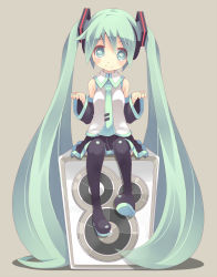 Rule 34 | 1girl, bad id, bad pixiv id, blush, boots, detached sleeves, green eyes, green hair, hatsune miku, head tilt, highres, long hair, matching hair/eyes, necktie, shiitake (mm0820), simple background, sitting, skirt, solo, speaker, thigh boots, thighhighs, twintails, very long hair, vocaloid