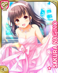 Rule 34 | 1girl, :d, bare shoulders, bow, breasts, brown eyes, brown hair, card (medium), cleavage, day, dress, girlfriend (kari), headband, jewelry, large breasts, medium hair, nagino sakura, necklace, official art, open mouth, outdoors, pink bow, pink dress, qp:flapper, shoes, smile, solo, standing, tagme, wedding dress