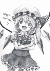 Rule 34 | 1girl, absurdres, blush, bonnet, box, dress, fang, flandre scarlet, gift, gift box, graphite (medium), greyscale, happy birthday, highres, hiru, holding, looking at viewer, monochrome, ribbon, smile, solo, touhou, traditional media, wings