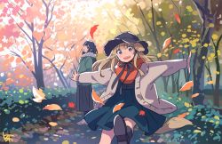 Rule 34 | 2girls, animal ears, autumn, autumn leaves, bf. (sogogiching), black eyes, black hair, black hat, blonde hair, blush, brown eyes, bush, cardigan, dog ears, dog tail, hand in pocket, hat, jacket, kicking, leaf, long hair, long skirt, long sleeves, looking at viewer, looking to the side, multiple girls, nature, open cardigan, open clothes, open mouth, original, outdoors, outstretched arms, park, scarf, shoes, skirt, smile, sneakers, spread arms, sun hat, sweater, tagme, tail, tree